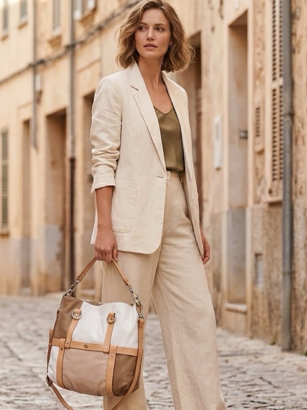 Stylish Italian Designer Tan and White Women's Bag
